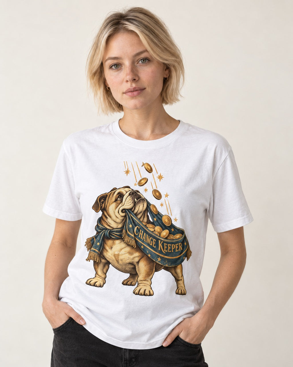 English Bulldog Change Keeper Coin Scarf Graphic T-Shirt in White, worn by a model