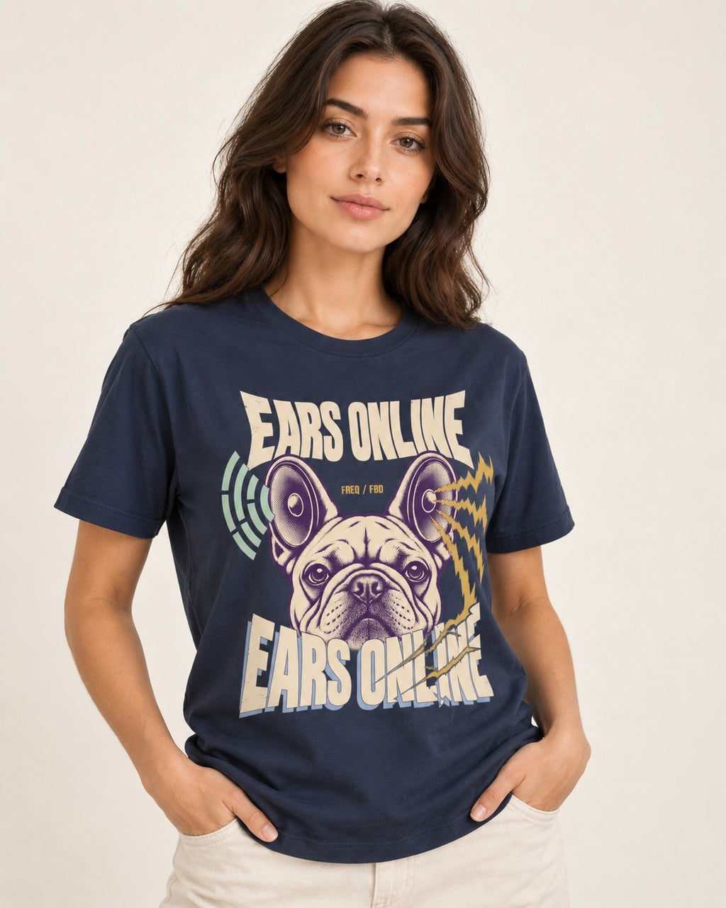 Frenchie Ears Online Audio Signal Graphic T-Shirt in Navy, worn by a model