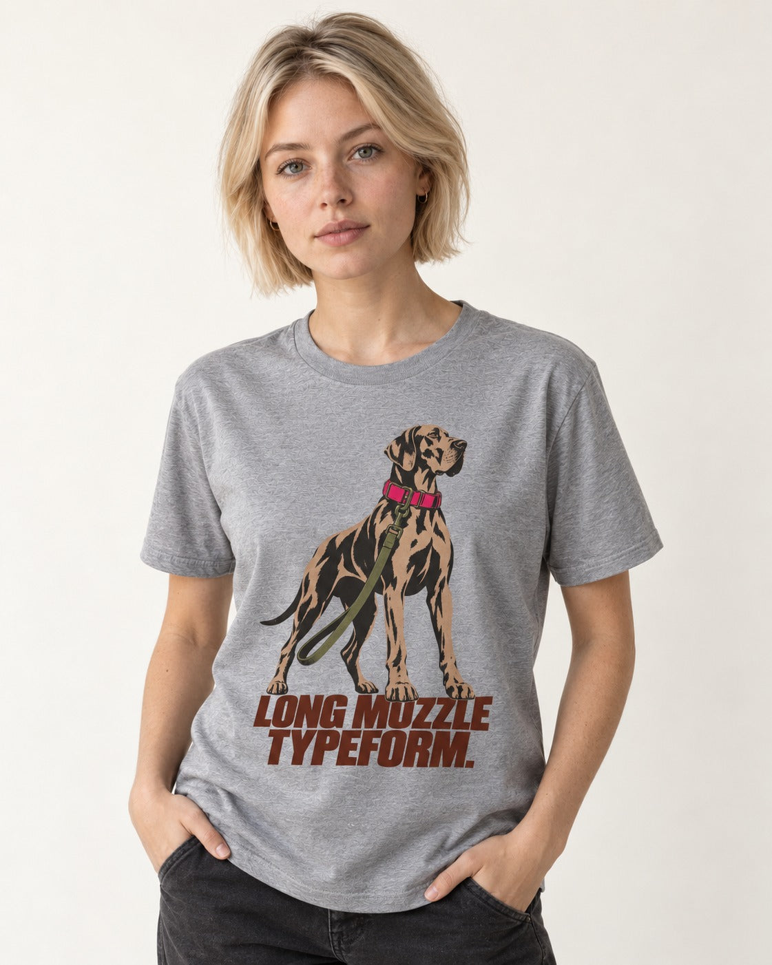 Long Muzzle Typeform Great Dane T-Shirt in Sport Grey, worn by a model