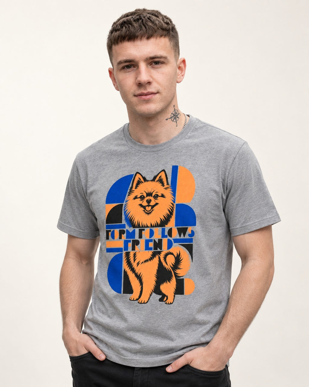 Form Follows Pomeranian Friend T-Shirt in Sport Grey, worn by a model