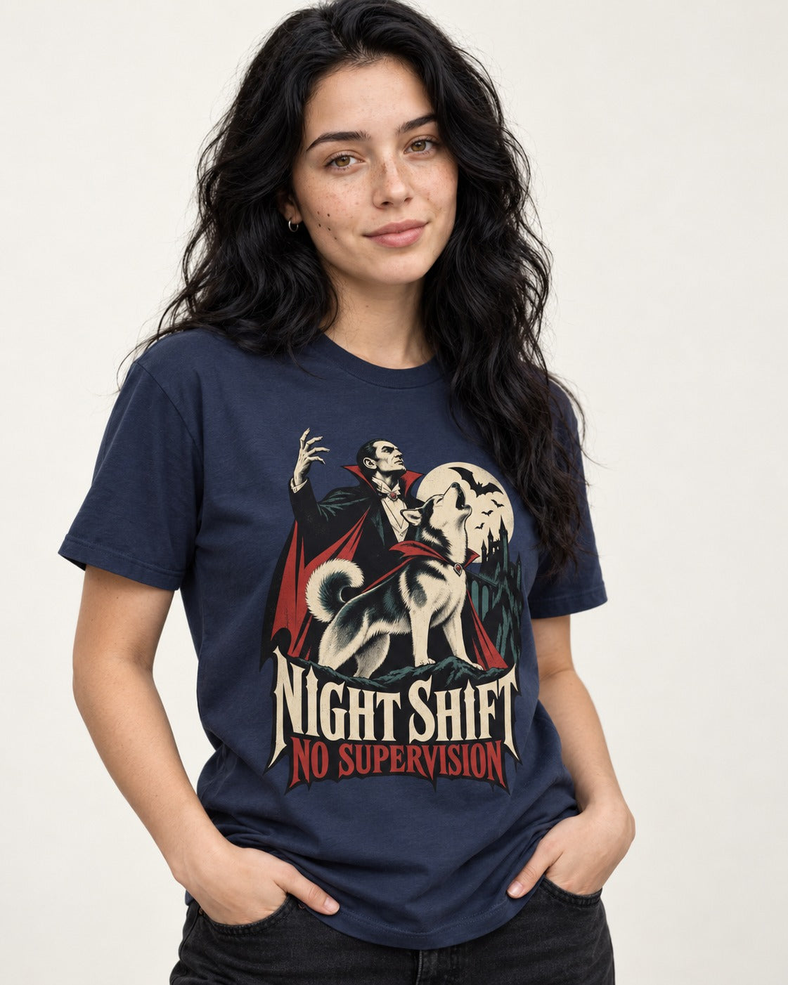 Husky Night Shift No Supervision Vampire Graphic T-Shirt in Navy, worn by a model