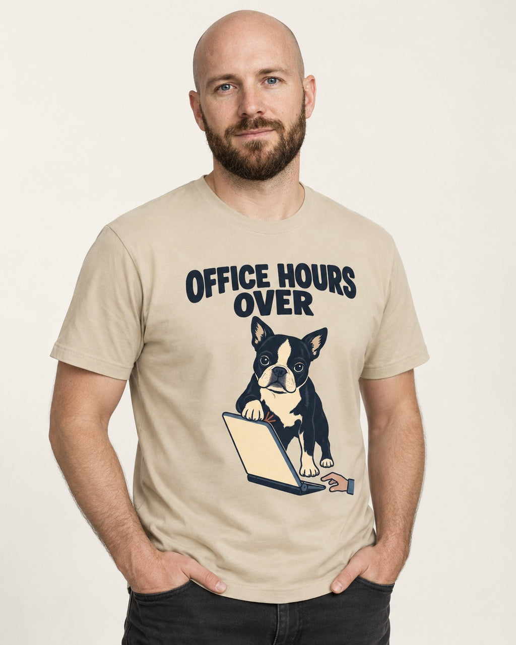 Boston Terrier Office Hours Over T-Shirt in Sand, worn by a model