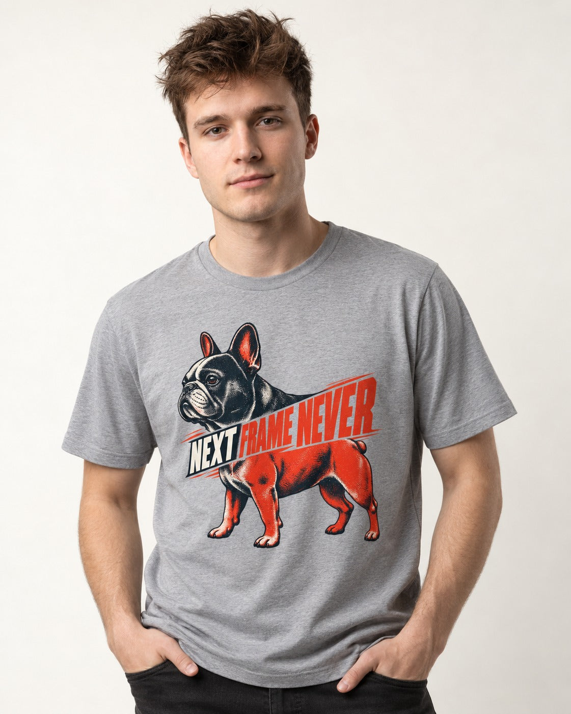 Frenchie Next Frame Never Motion Banner Graphic T-Shirt in Sport Grey, worn by a model