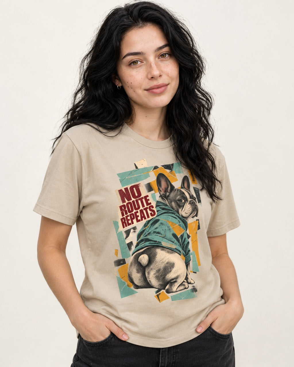 No Route Repeats Frenchie T-Shirt in Sand, worn by a model