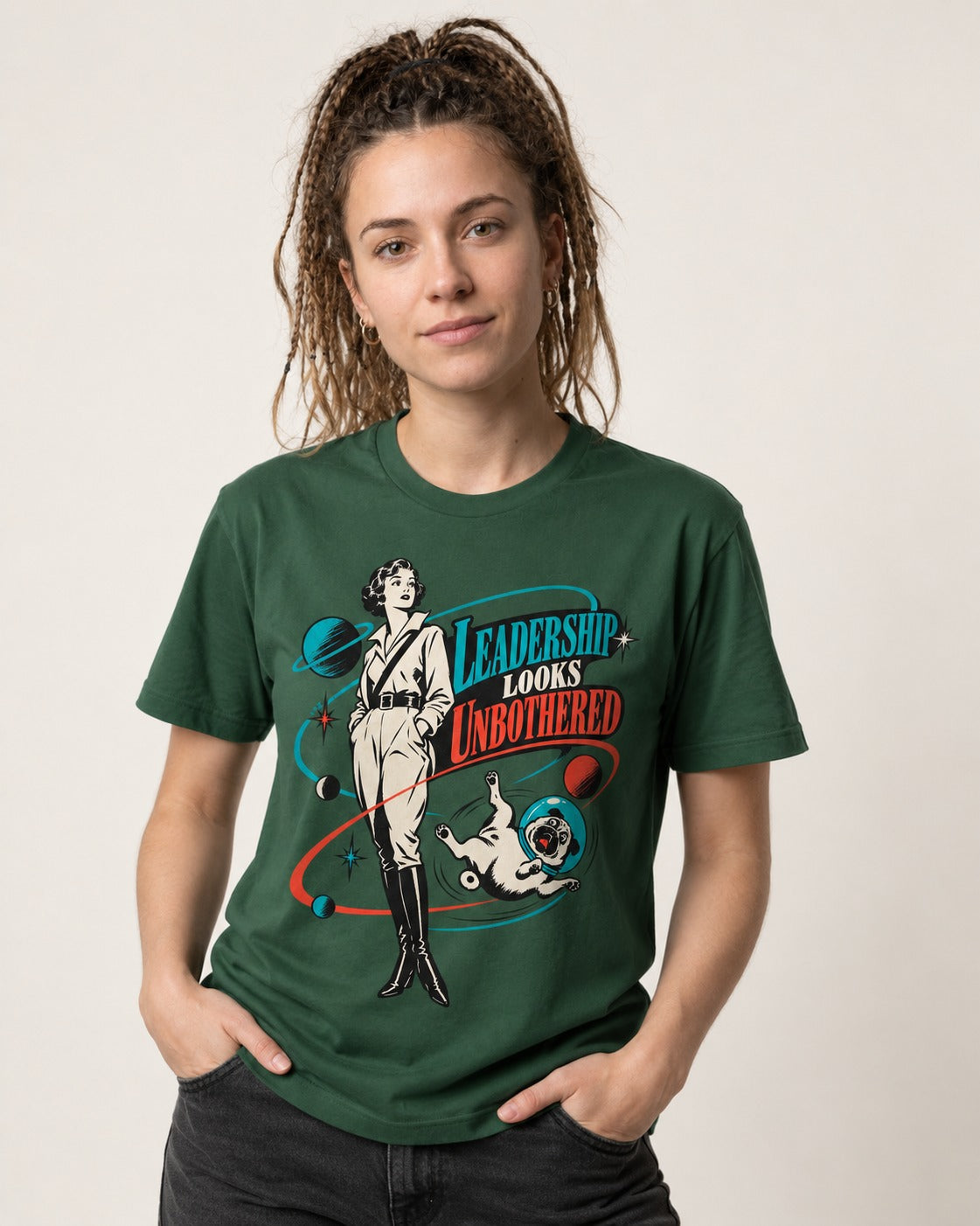 Pug Leadership Looks Unbothered Space Graphic T-Shirt in Forest Green, worn by a model