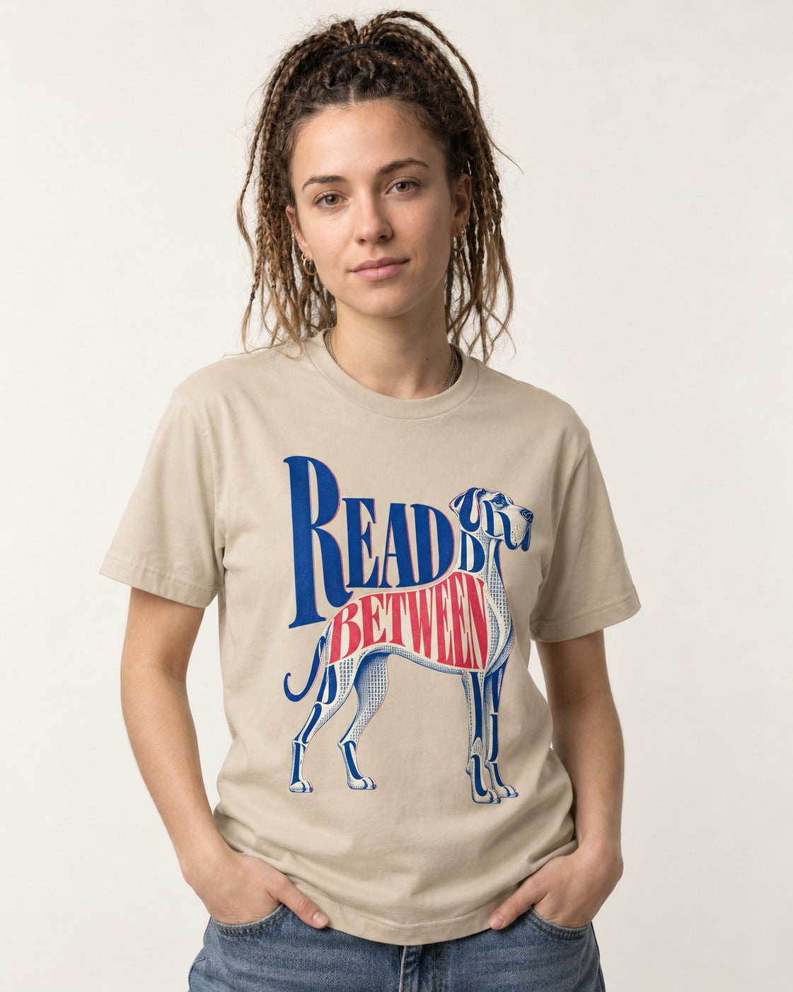 Read Between the Lines Great Dane T-Shirt in Sand, worn by a model