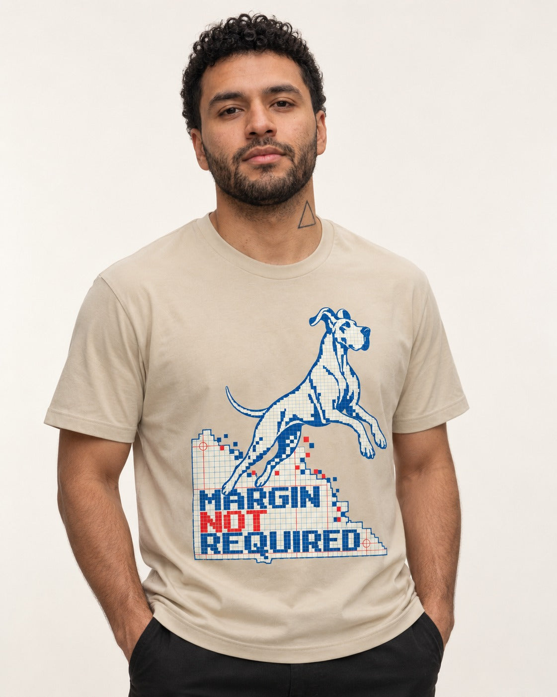 Great Dane Margin Not Required T-Shirt in Sand, worn by a model