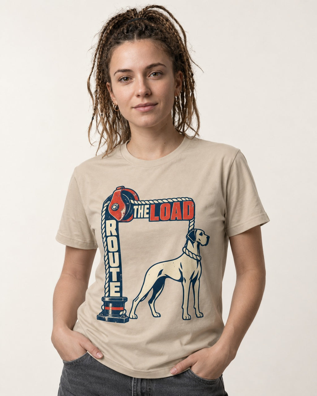 Great Dane Route the Load T-Shirt in Sand, worn by a model