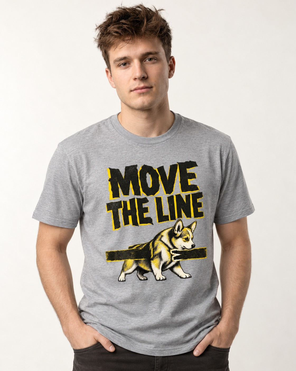 Corgi Move the Line T-Shirt in Sport Grey, worn by a model