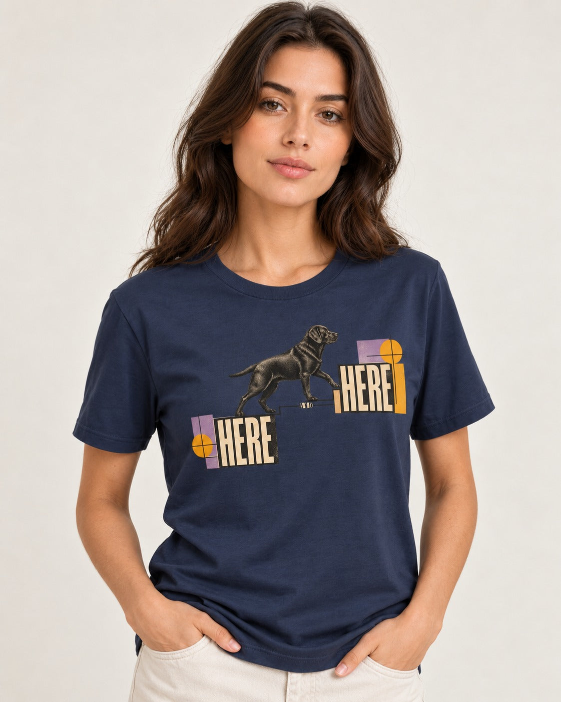 Here and Here Stepping Labrador Retriever Graphic T-Shirt in Navy, worn by a model