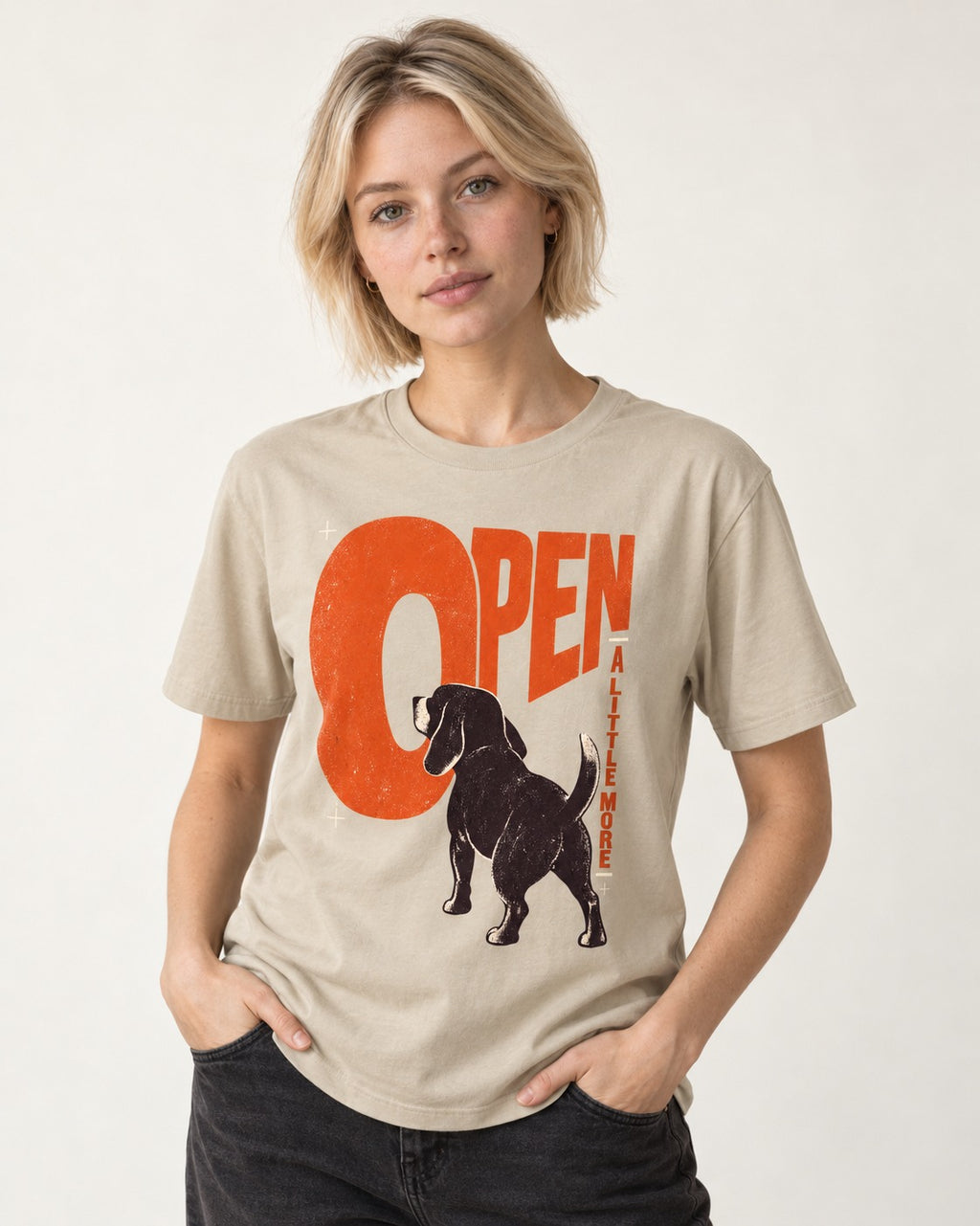 Open a Little More Beagle T-Shirt in Sand, worn by a model