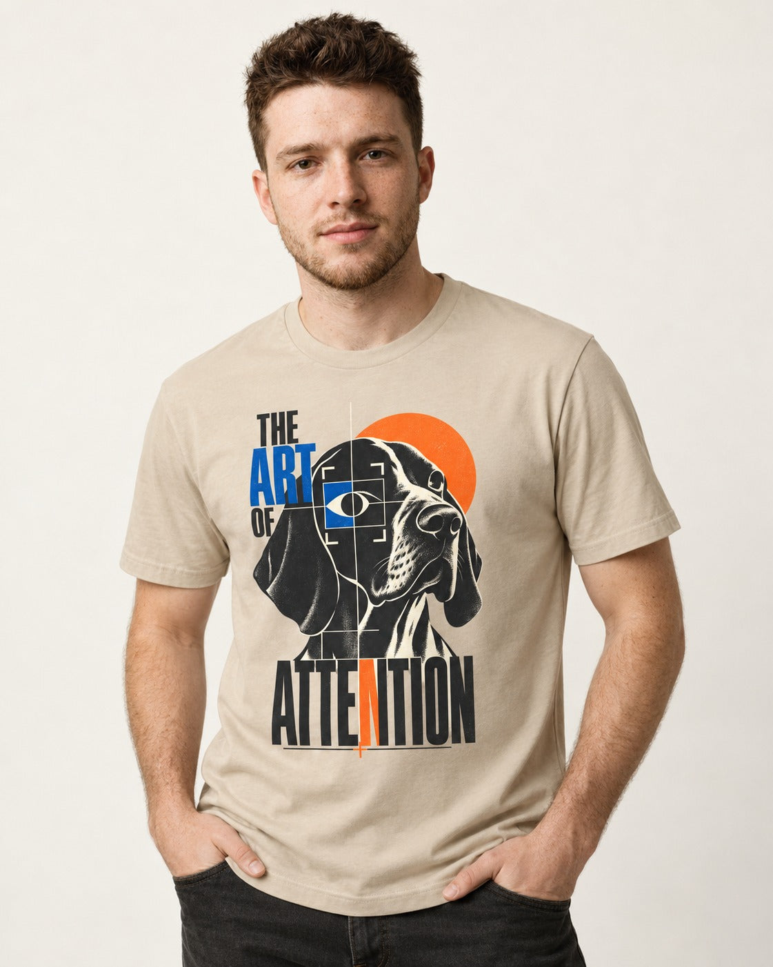 German Shorthaired Pointer Attention T-Shirt in Sand, worn by a model