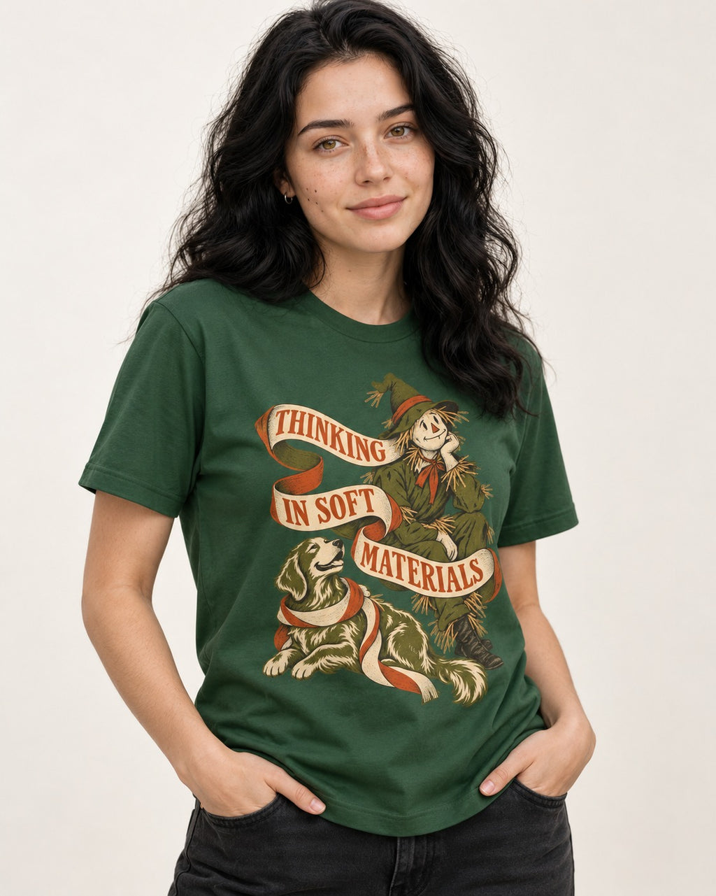 Golden Retriever Thinking in Soft Materials Scarecrow Graphic T-Shirt in Forest Green, worn by a model