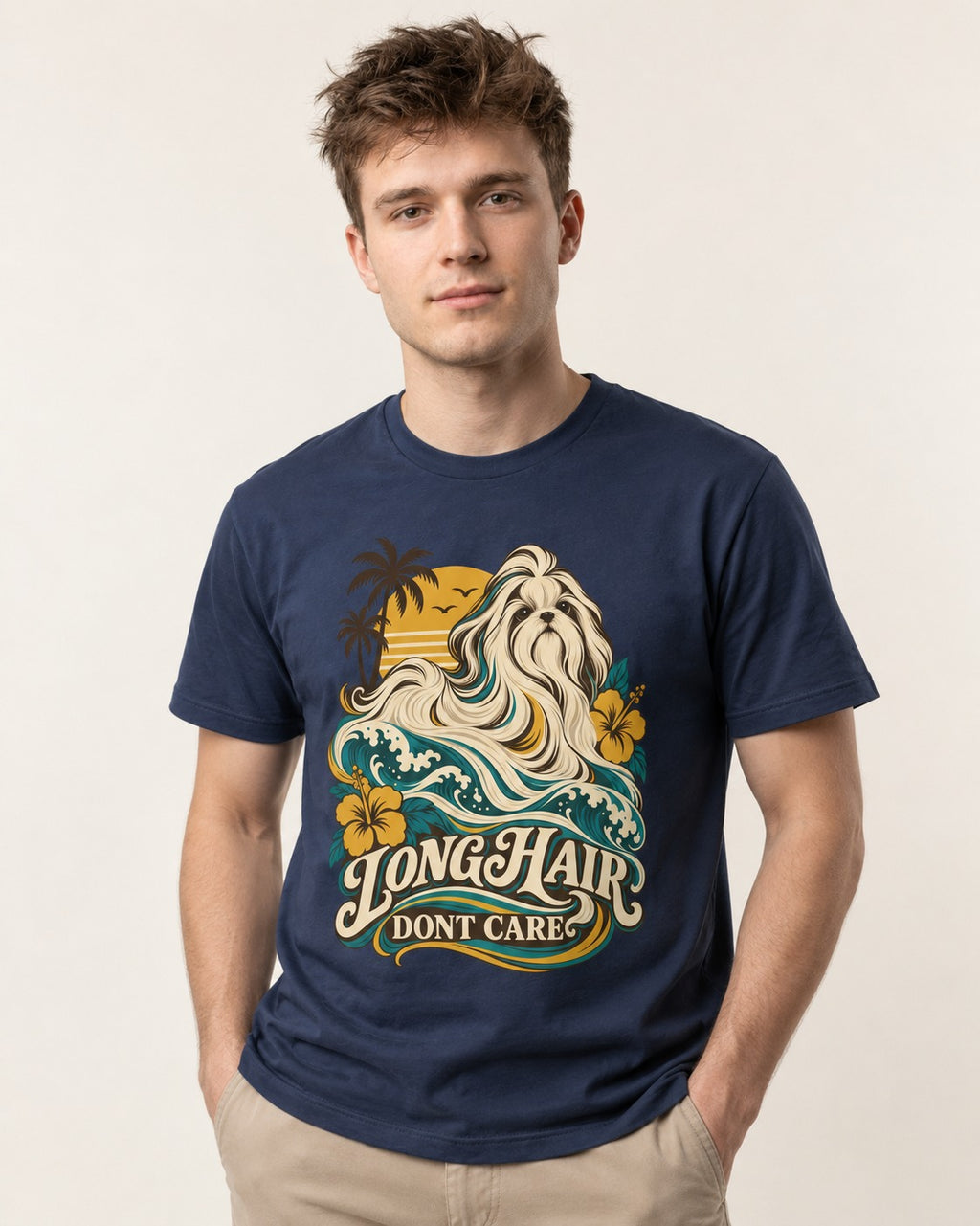 Shih Tzu Long Hair Don't Care Tropical Wave Graphic T-Shirt in Navy, worn by a model