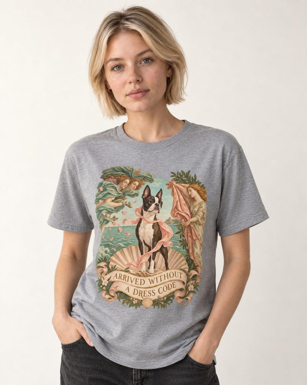 Arrived Without a Dress Code Boston Terrier Venus Parody T-Shirt in Sport Grey, worn by a model