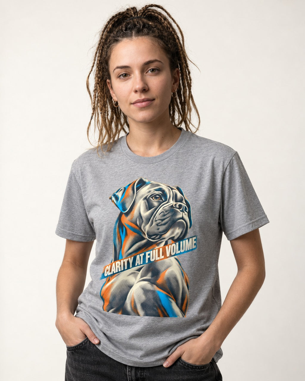 Clarity at Full Volume Boxer Portrait T-Shirt in Sport Grey, worn by a model