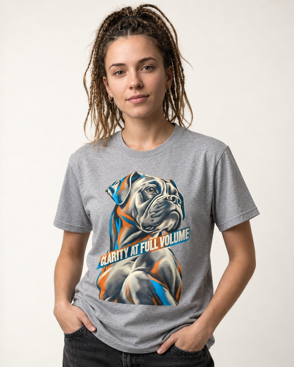 Clarity at Full Volume Boxer Portrait T-Shirt in Sport Grey, worn by a model