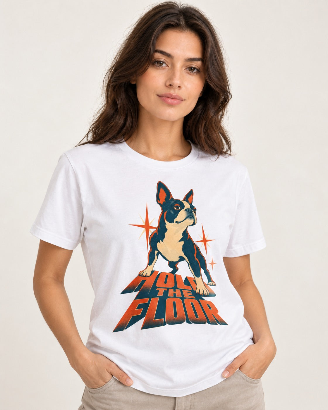 Boston Terrier On The Floor Perspective Graphic T-Shirt in White, worn by a model