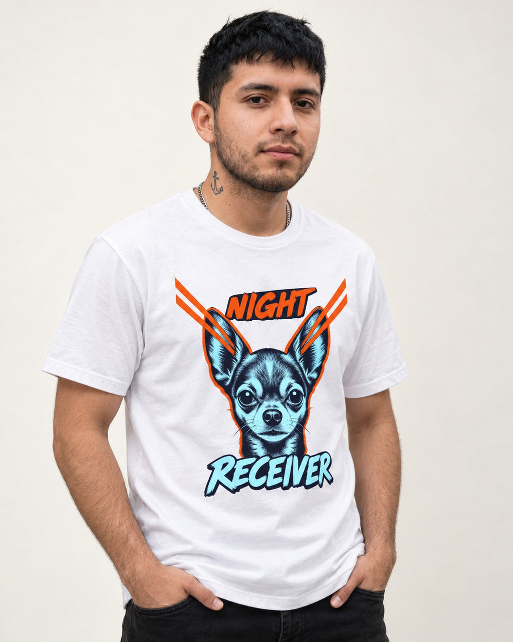 Chihuahua Night Receiver Signal Portrait Graphic T-Shirt in White, worn by a model