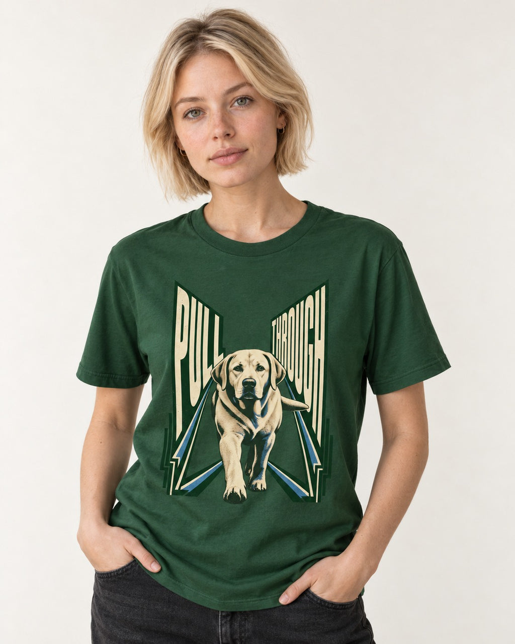 Labrador Retriever Pull Through Perspective Graphic T-Shirt in Forest Green, worn by a model