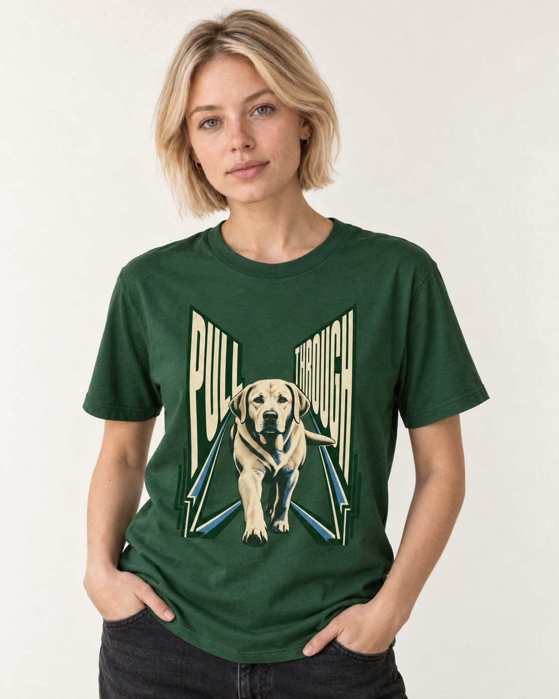 Labrador Retriever Pull Through Perspective Graphic T-Shirt in Forest Green, worn by a model