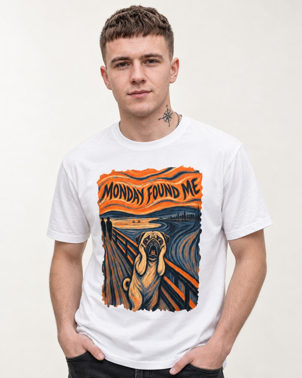 Pug Monday Found Me Scream Parody Graphic T-Shirt in White, worn by a model