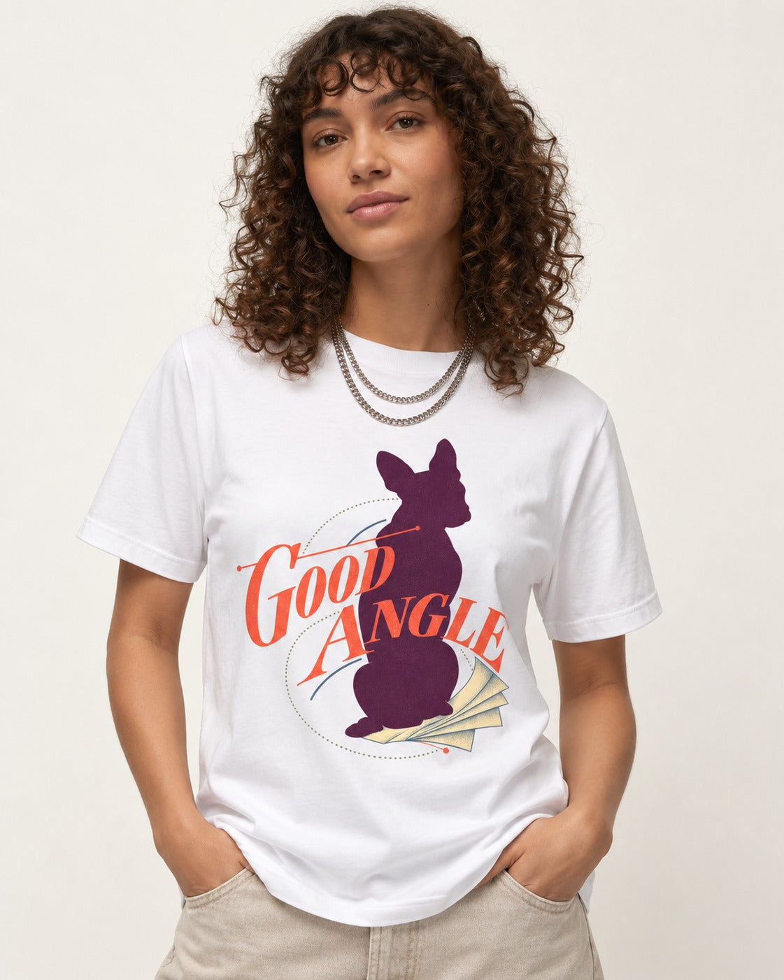 Good Angle Boston Terrier Paper Graphic T-Shirt in White, worn by a model