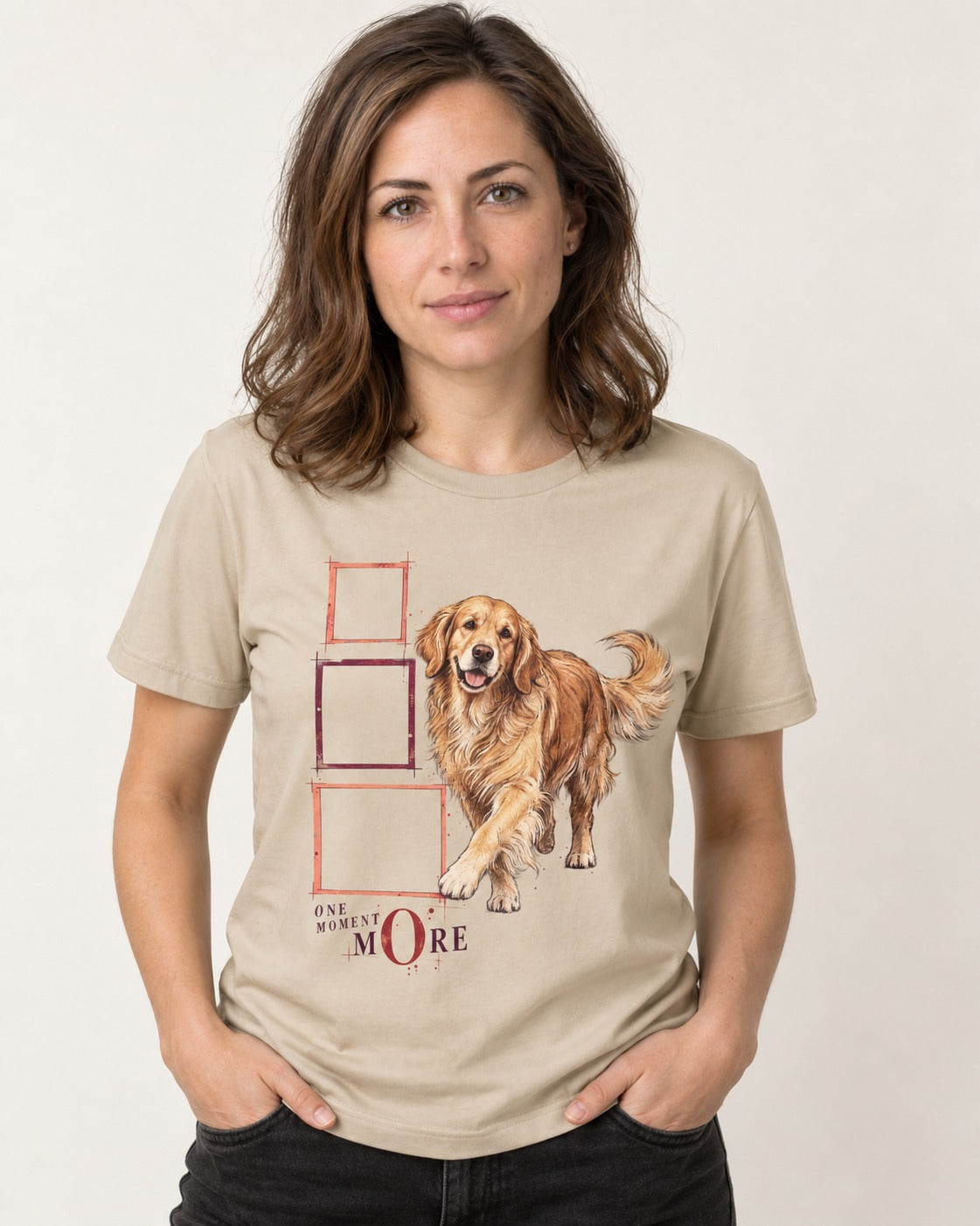 Golden Retriever One Moment More T-Shirt in Sand, worn by a model