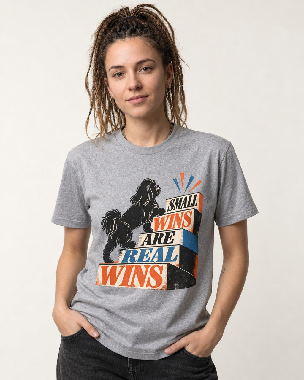Small Wins Shih Tzu T-Shirt in Sport Grey, worn by a model