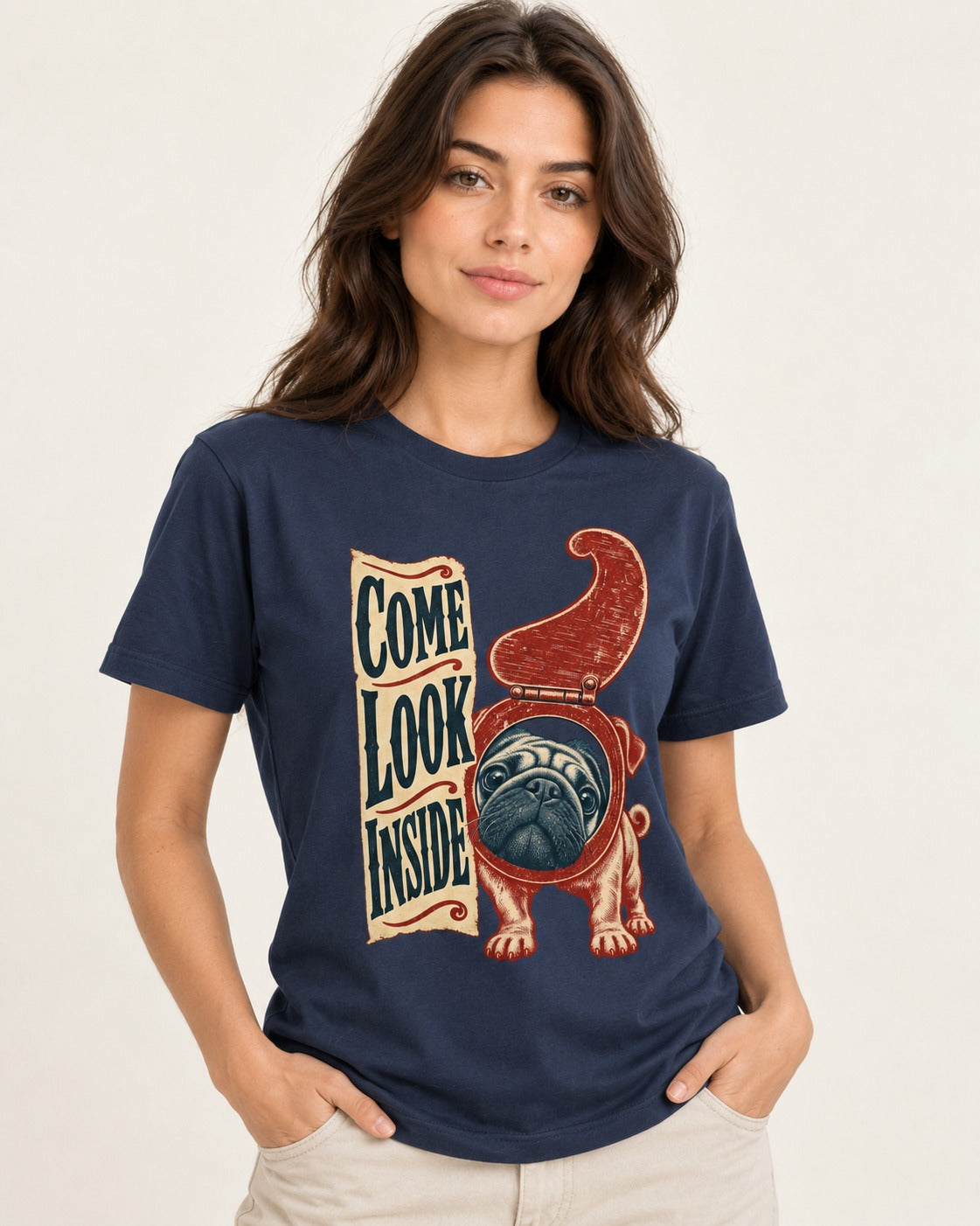 Pug Come Look Inside Toilet Seat Graphic T-Shirt in Navy, worn by a model