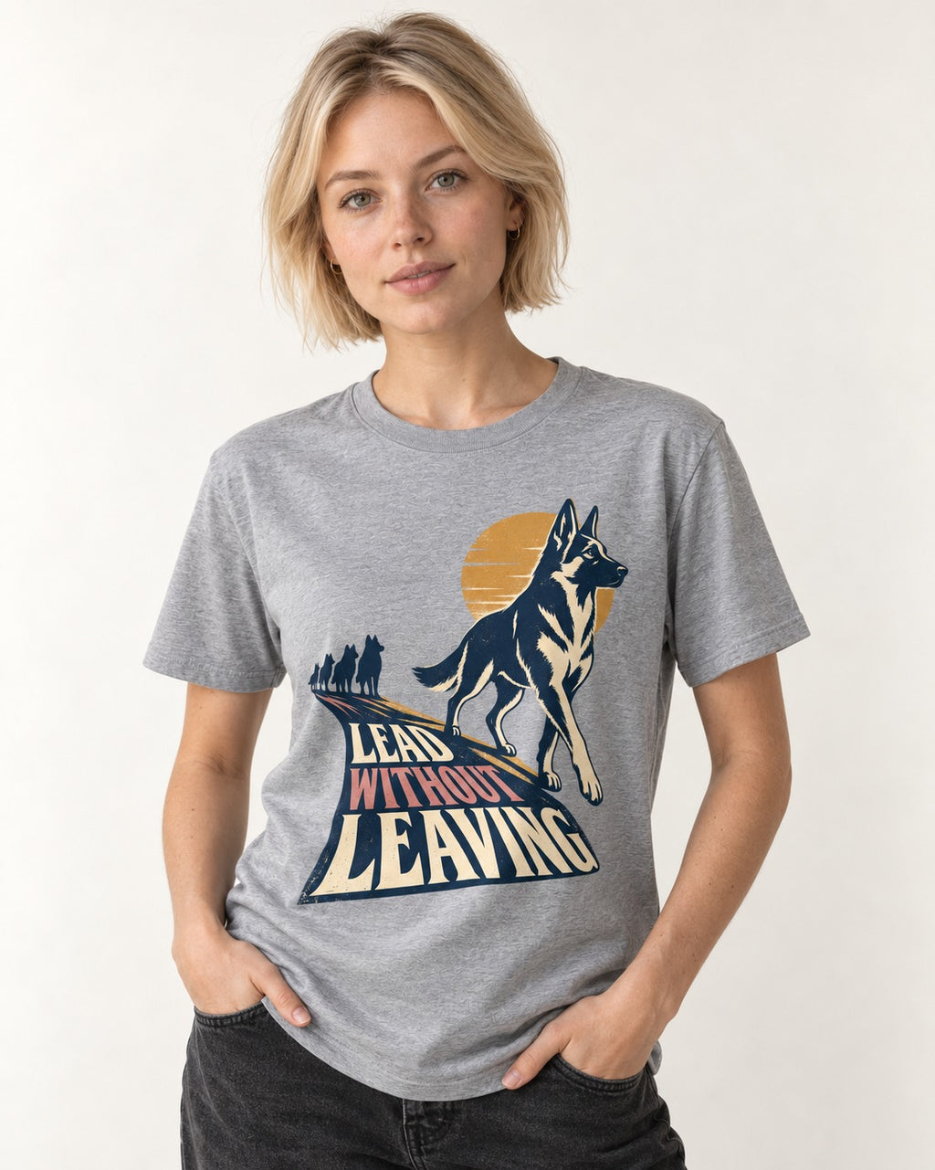 Lead Without Leaving Perspective German Shepherd Dog Graphic T-Shirt in Sport Grey, worn by a model