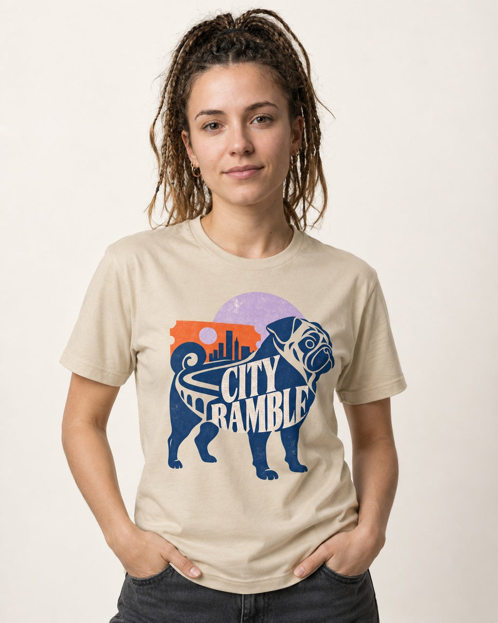 Pug's Big City Ramble T-Shirt in Sand, worn by a model