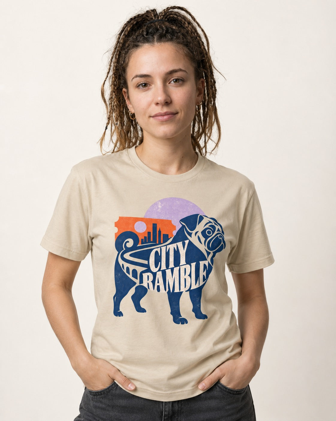 Pug's Big City Ramble T-Shirt in Sand, worn by a model