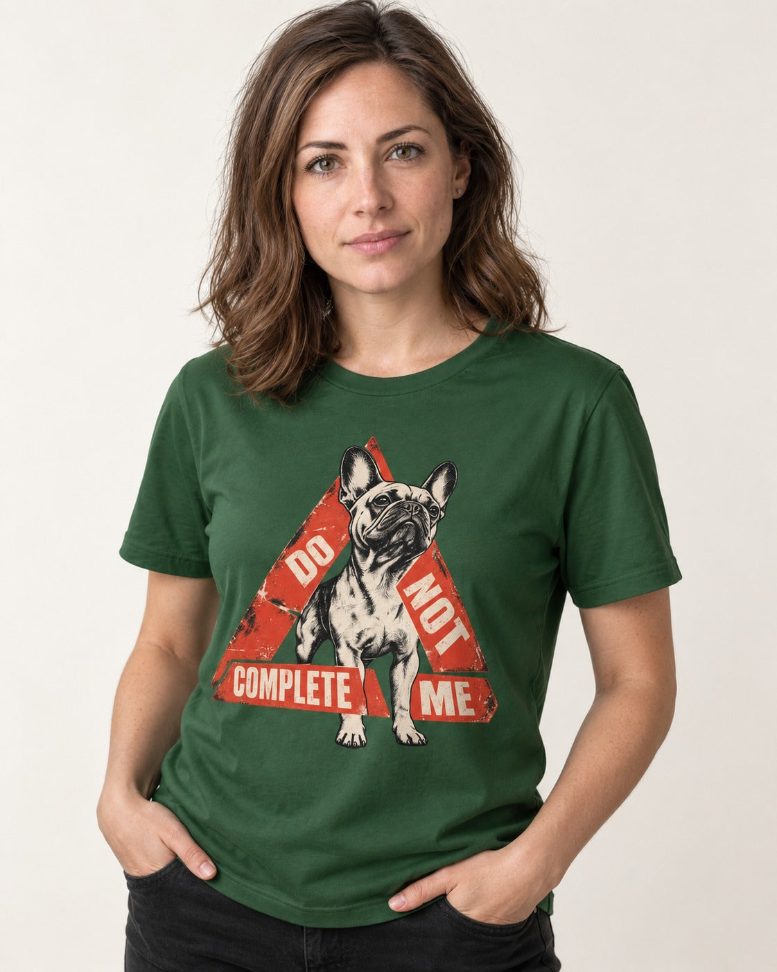 Frenchie Do Not Complete Me Warning Triangle Graphic T-Shirt in Forest Green, worn by a model