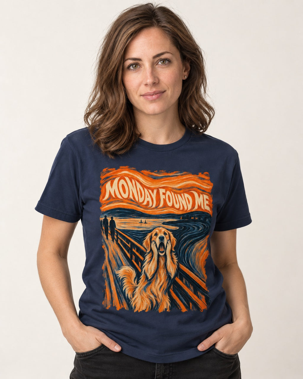 Monday Found Me Scream Golden Retriever Graphic T-Shirt in Navy, worn by a model