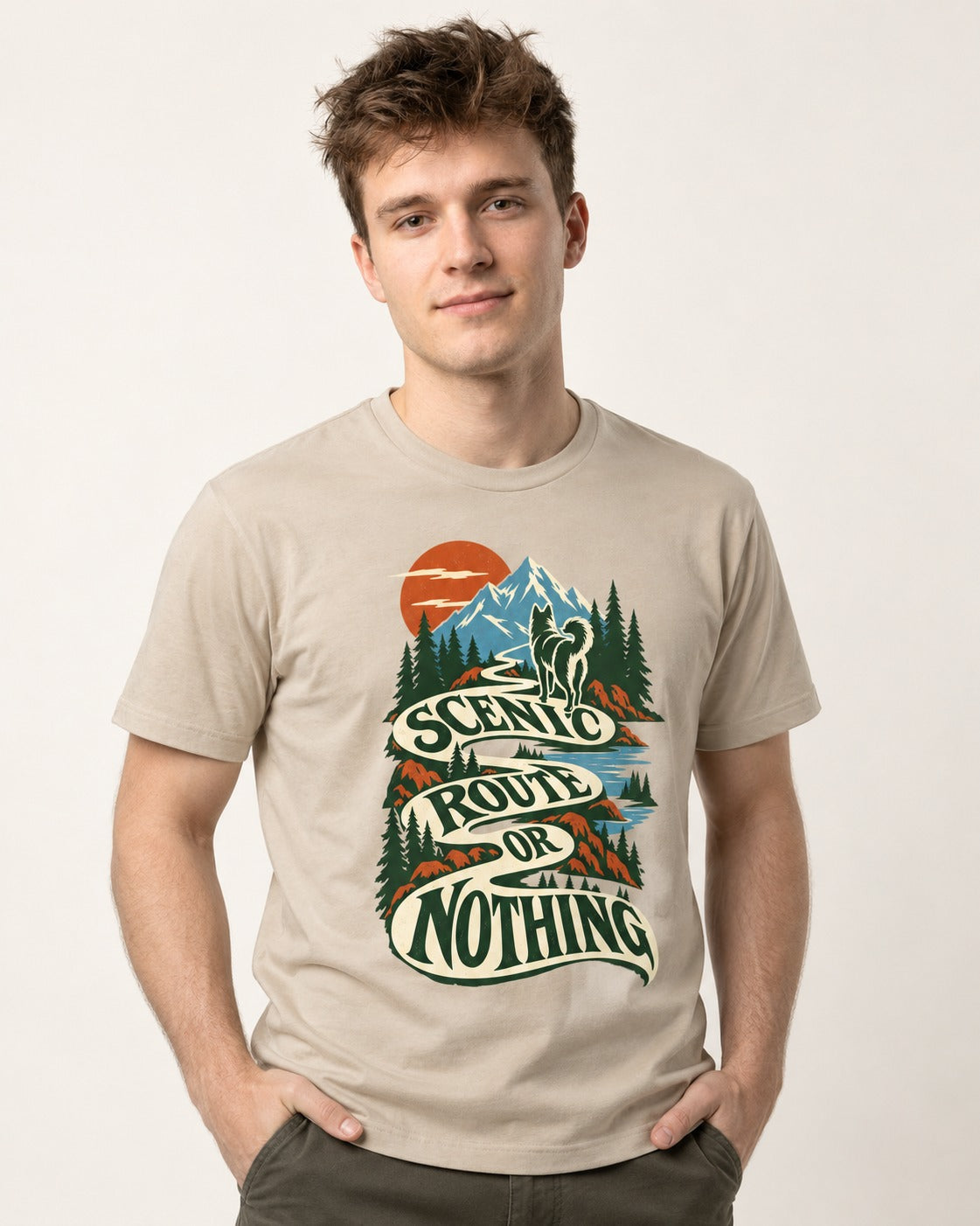 Husky Scenic Route or Nothing T-Shirt in Sand, worn by a model
