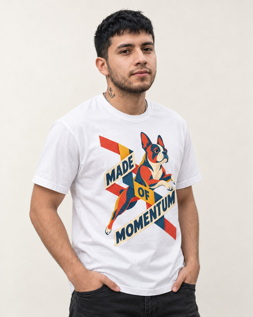 Made of Momentum Boston Terrier T-Shirt in White, worn by a model