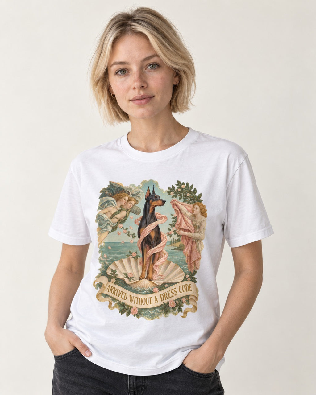 Doberman Arrived Without a Dress Code Renaissance Graphic T-Shirt in White, worn by a model