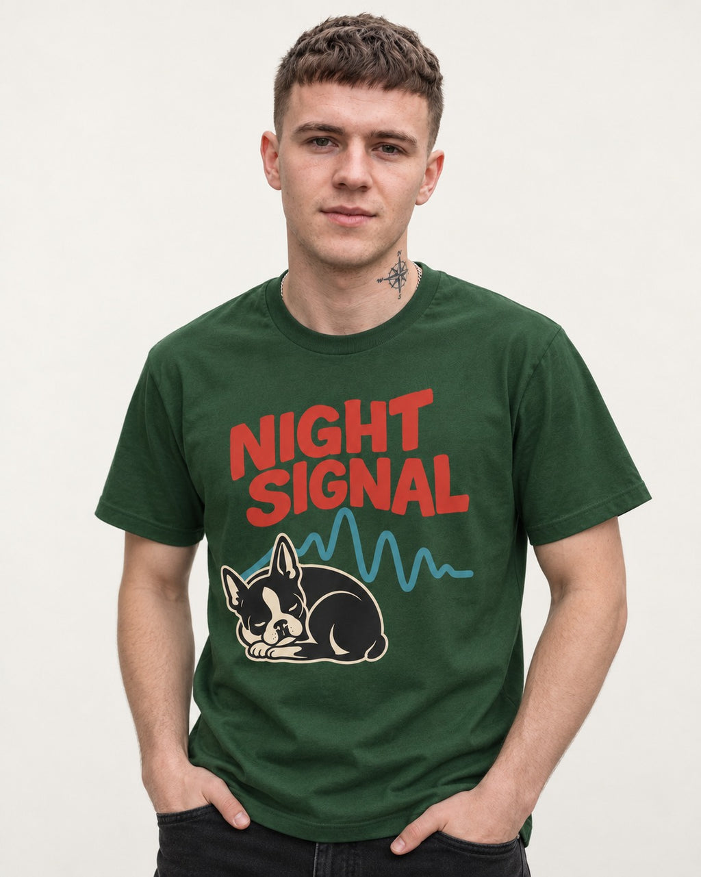 Boston Terrier Sleeping Night Signal T-Shirt in Forest Green, worn by a model