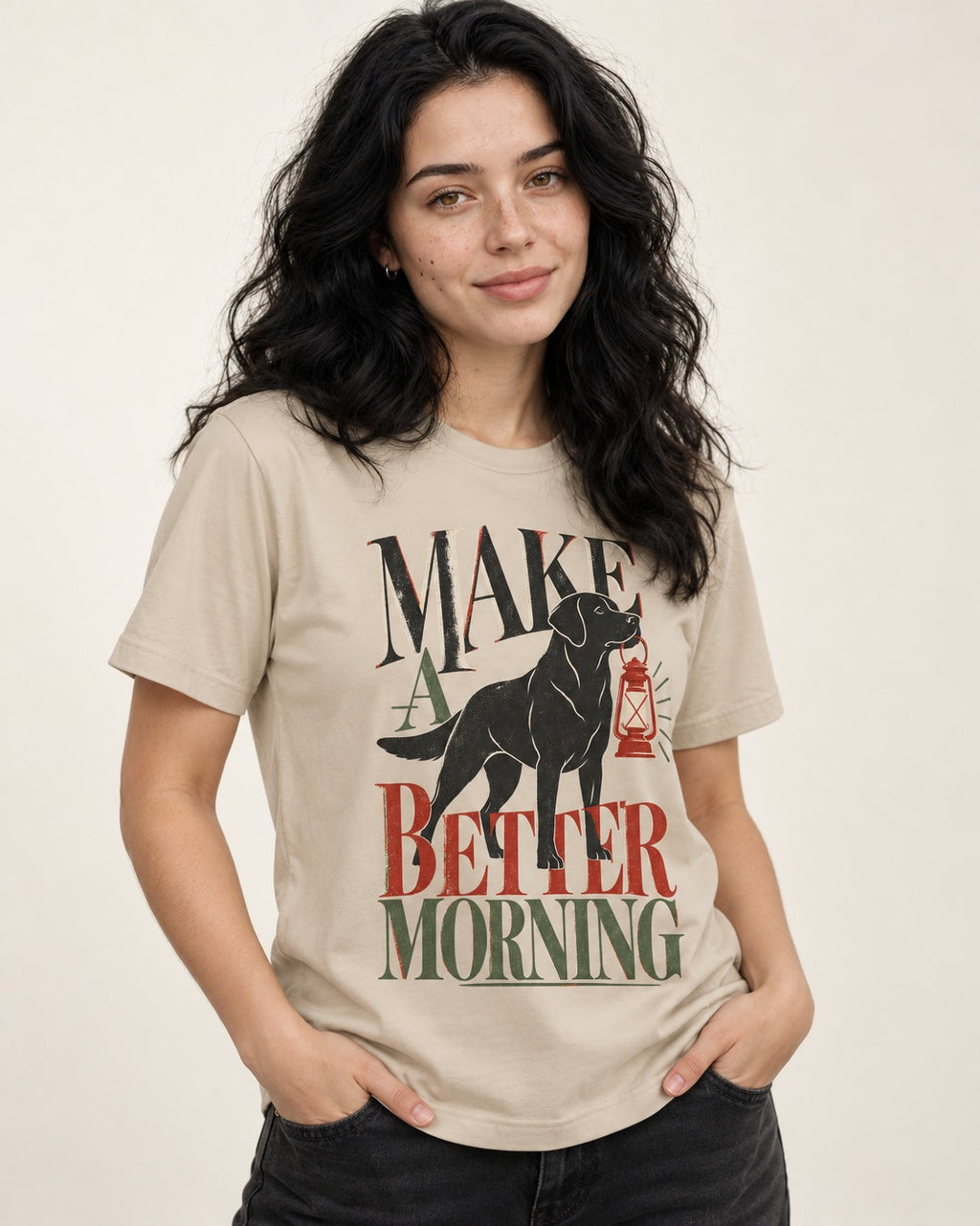 Make a Better Morning Labrador Retriever T-Shirt in Sand, worn by a model