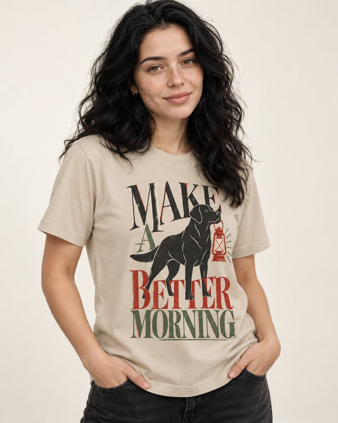 Make a Better Morning Labrador Retriever T-Shirt in Sand, worn by a model