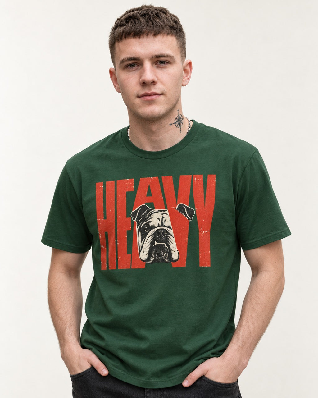 English Bulldog Heavy Stacked Portrait Graphic T-Shirt in Forest Green, worn by a model
