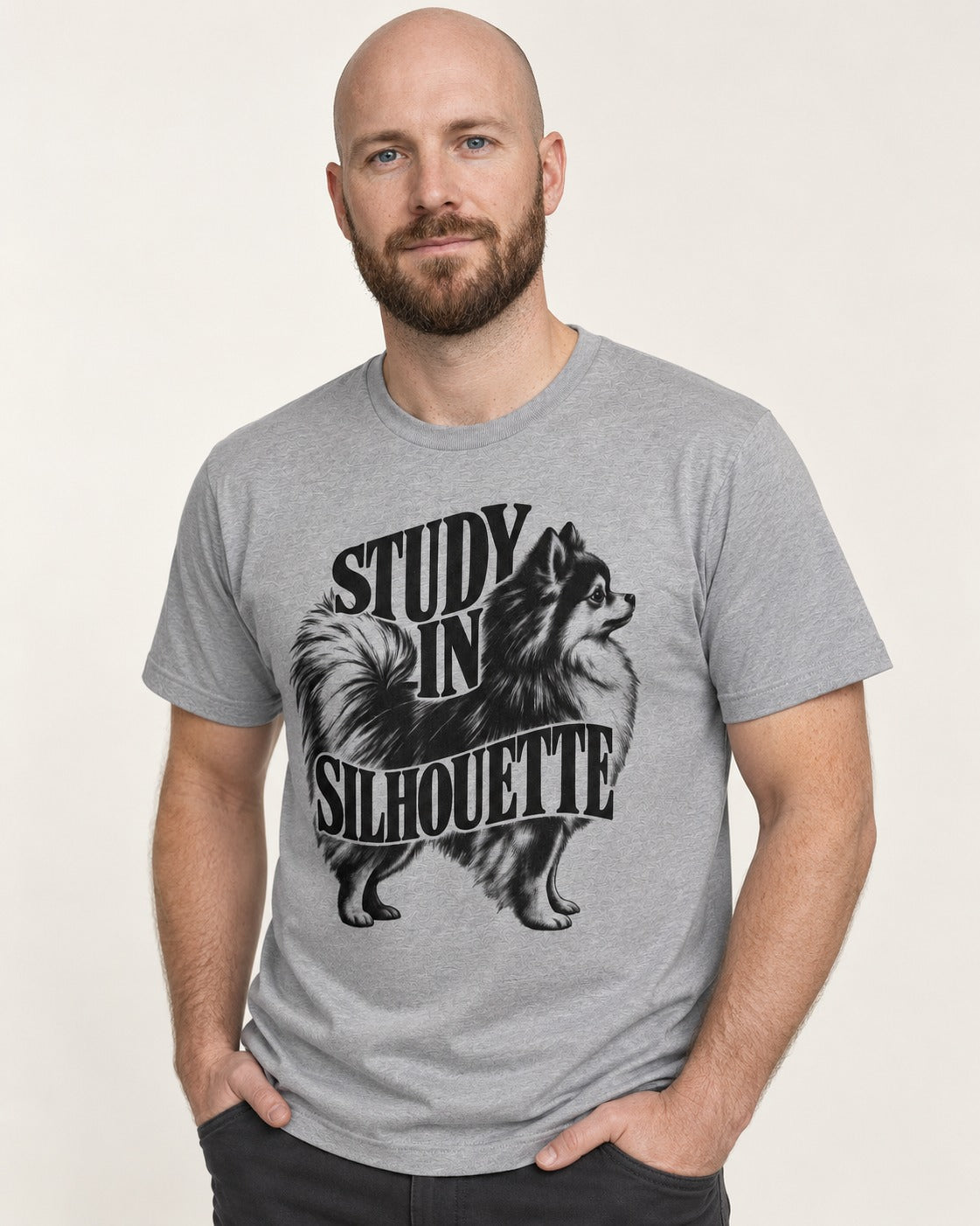 Pomeranian Study in Silhouette T-Shirt in Sport Grey, worn by a model