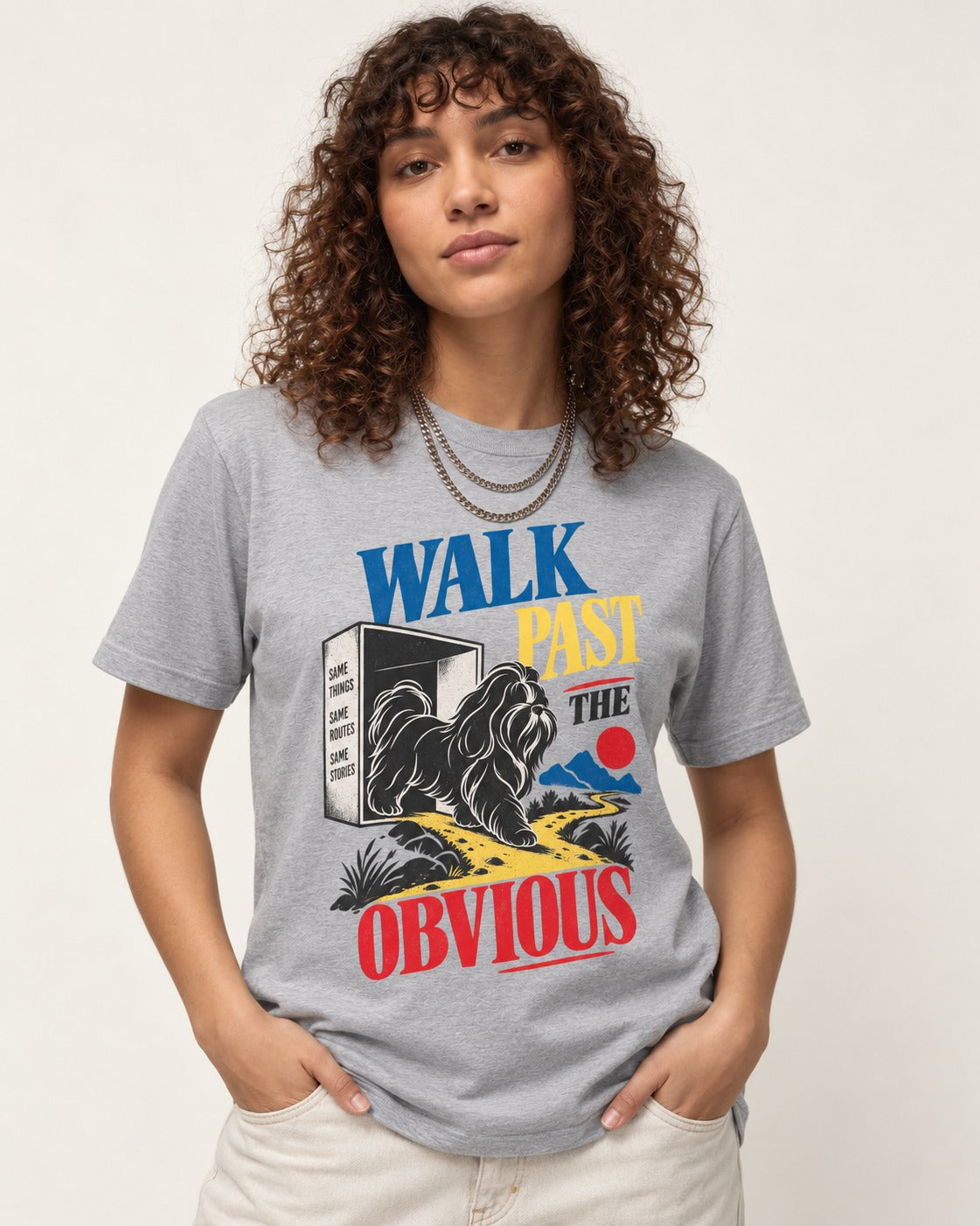Shih Tzu Walk Past the Obvious T-Shirt in Sport Grey, worn by a model