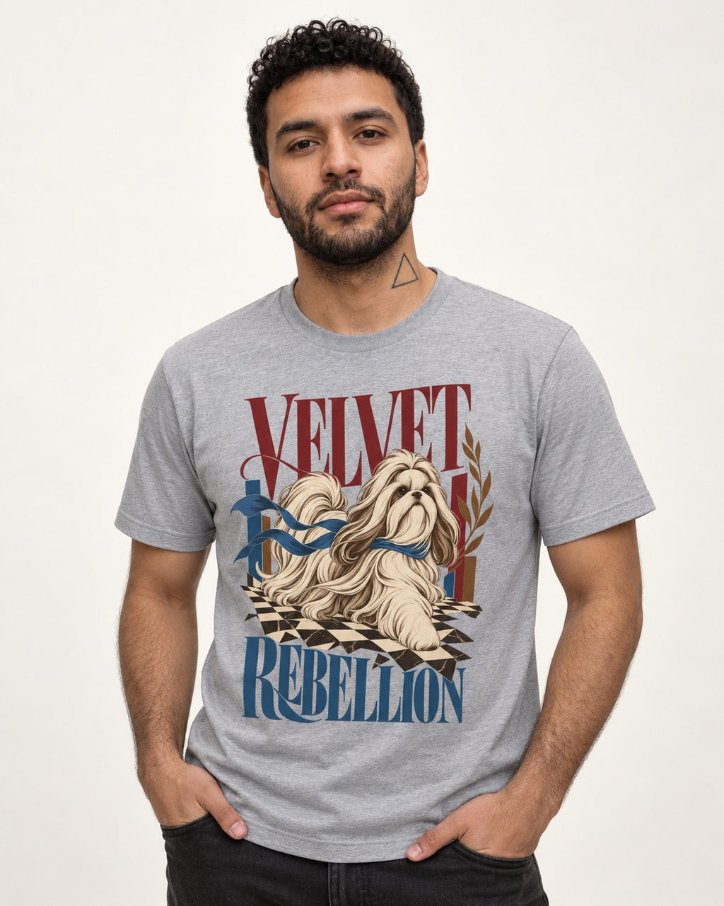 Shih Tzu Velvet Rebellion Checkerboard Graphic T-Shirt in Sport Grey, worn by a model