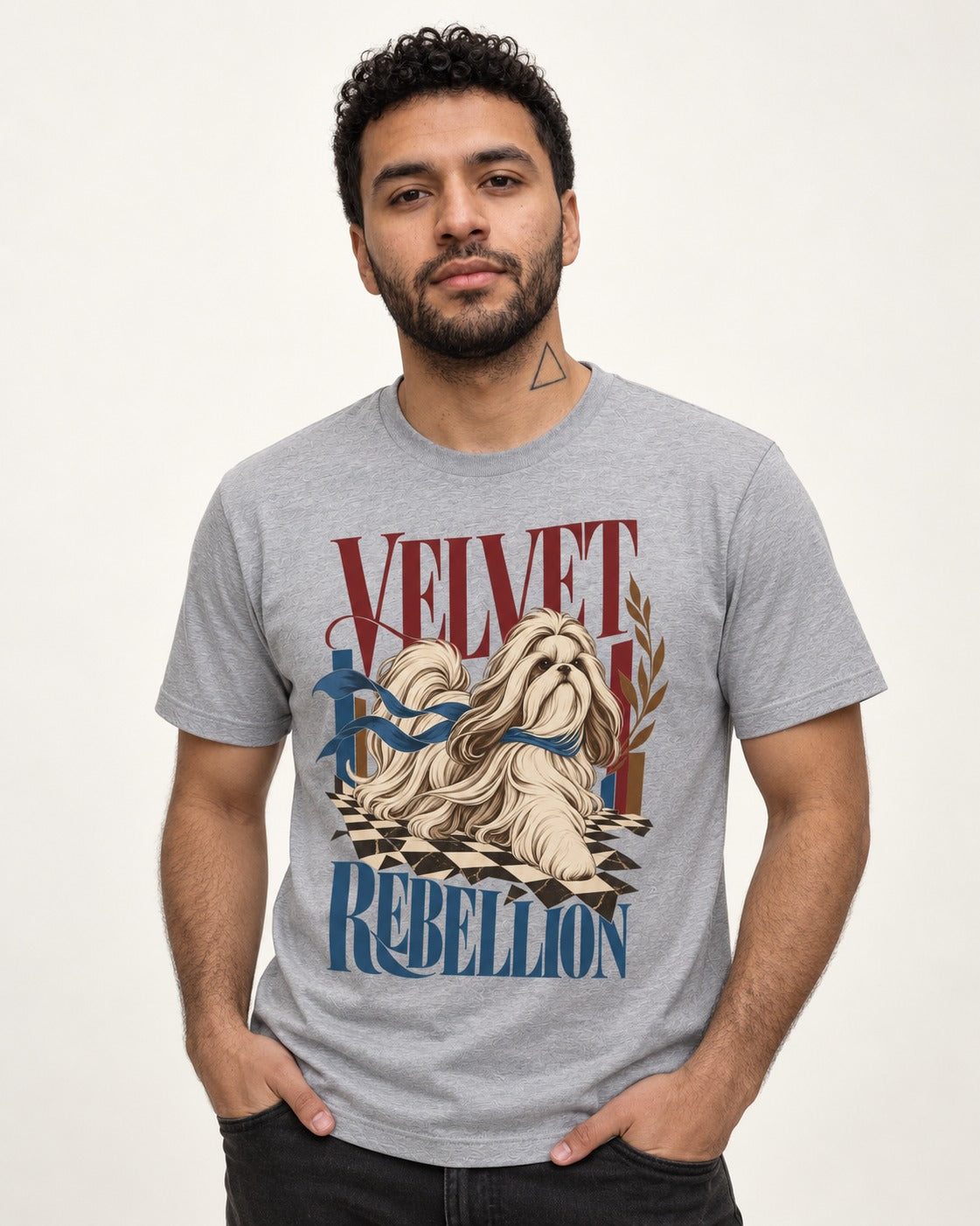 Shih Tzu Velvet Rebellion Checkerboard Graphic T-Shirt in Sport Grey, worn by a model