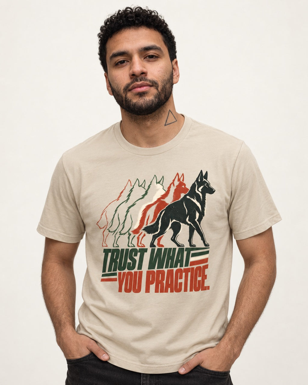 Trust What You Practice German Shepherd Dog T-Shirt in Sand, worn by a model