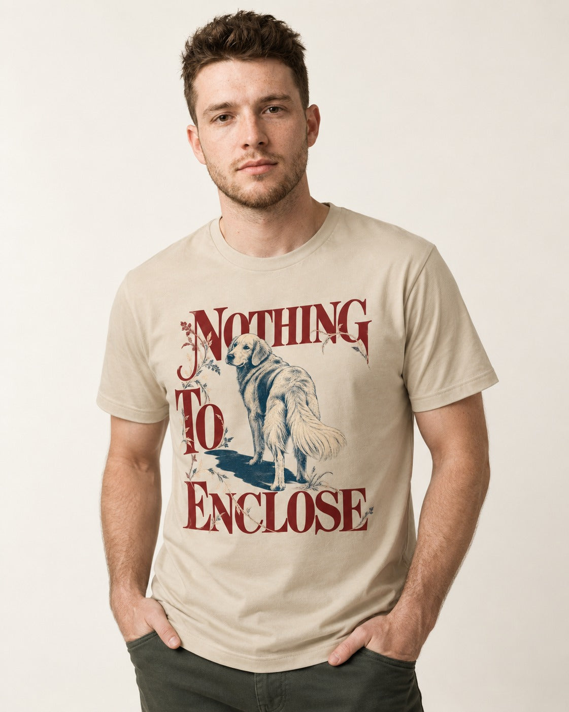Golden Retriever Nothing to Enclose T-Shirt in Sand, worn by a model