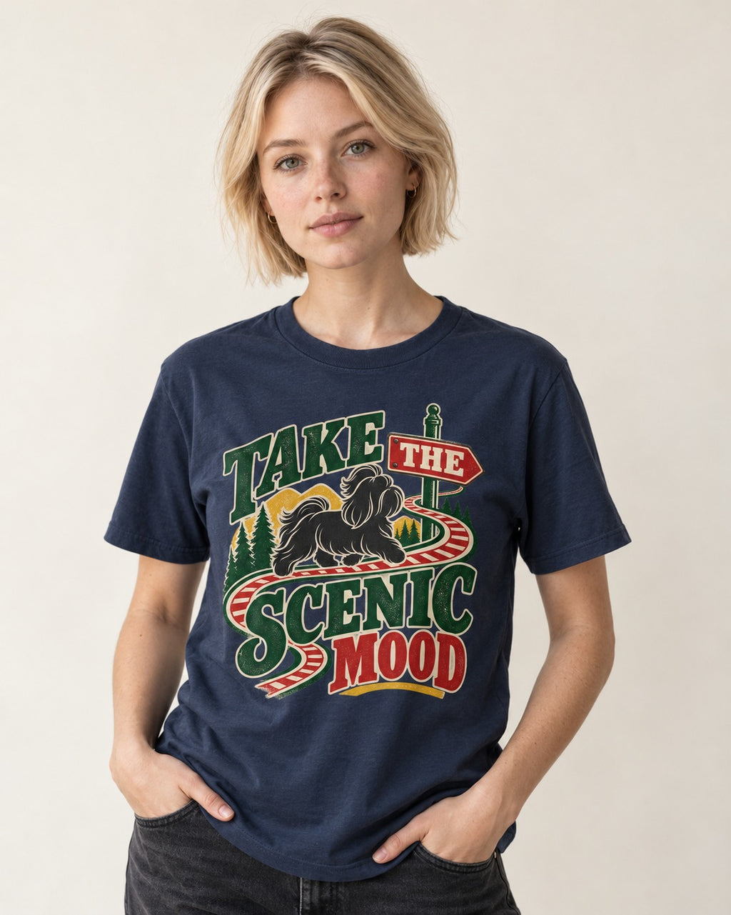 Shih Tzu Take the Scenic Mood Road Sign Graphic T-Shirt in Navy, worn by a model