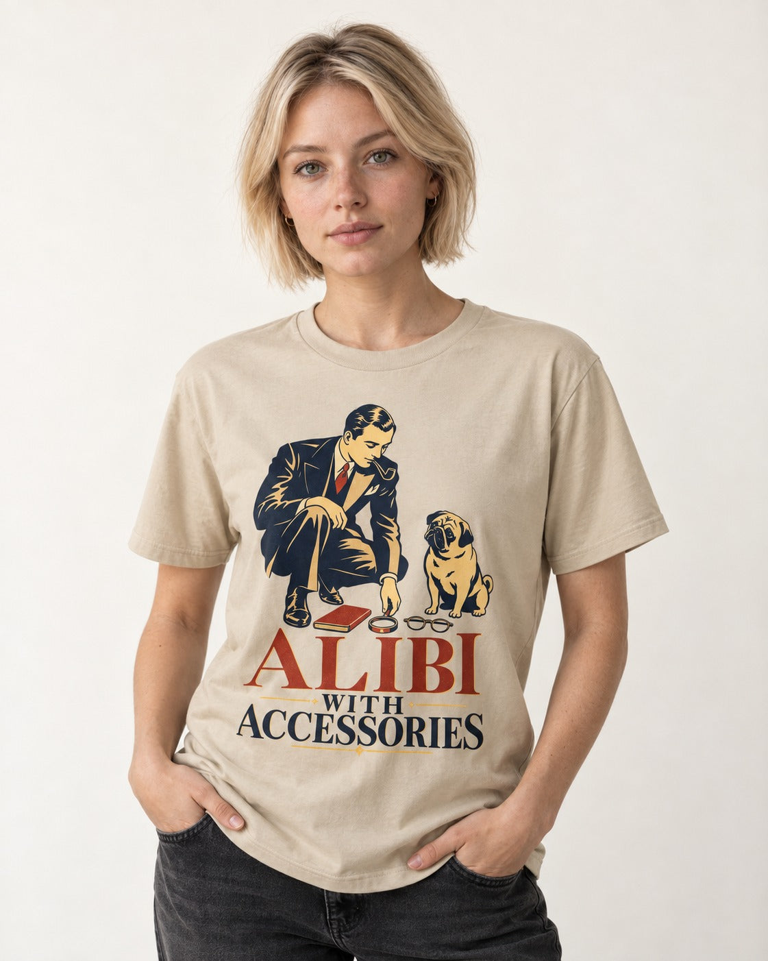 Pug Alibi with Accessories T-Shirt in Sand, worn by a model